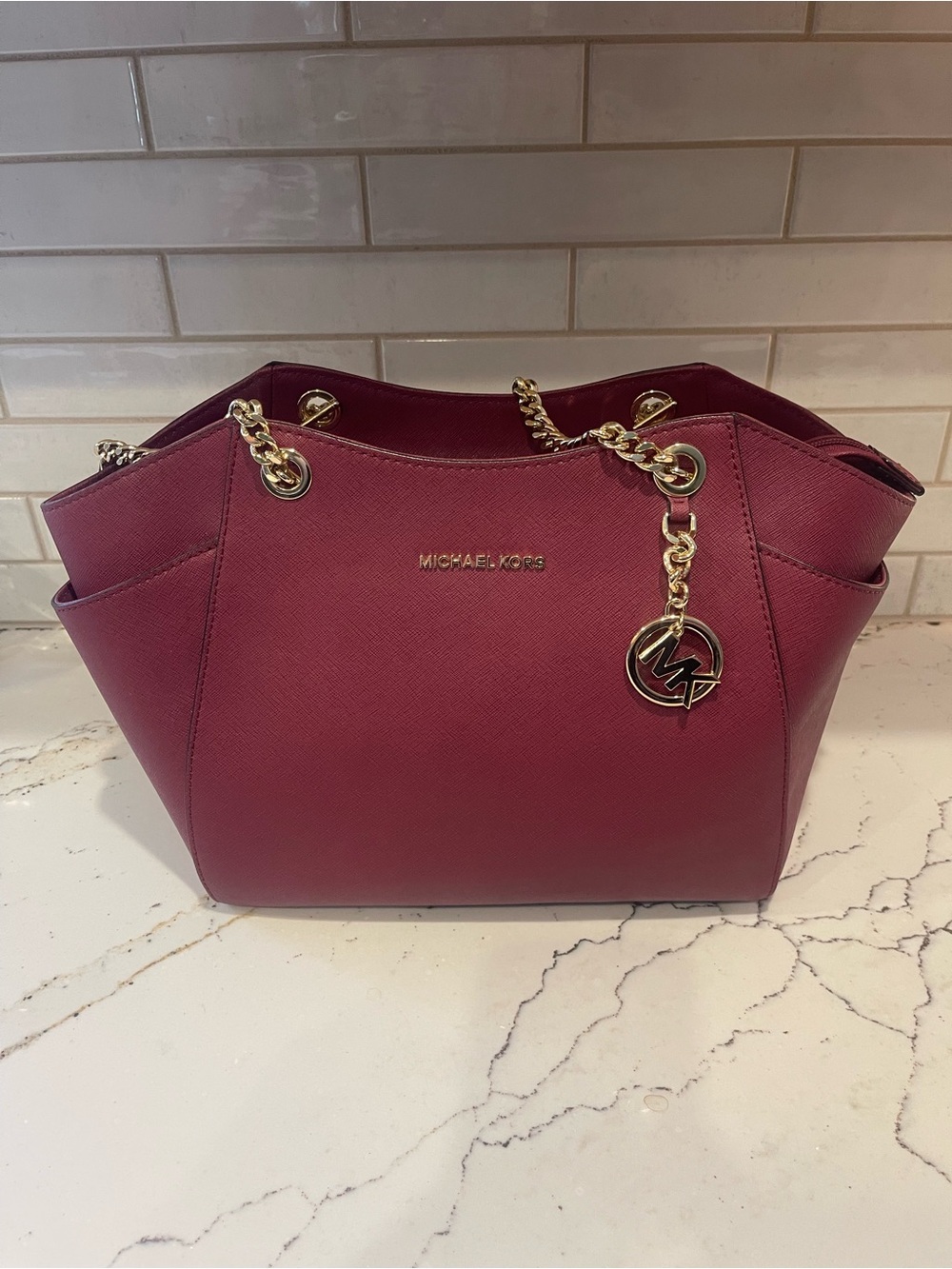 Michael Kors Burgundy Saffiano Shoulder Bag with Gold Chain
